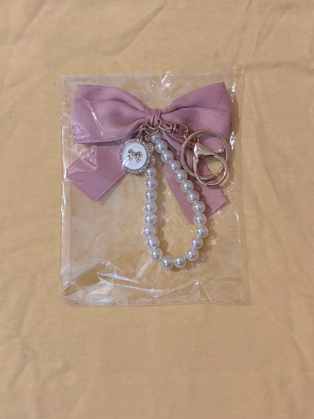Gold Pearl Pink Bow Wristlet Keychain W/ Clip & Lipgloss Holder NWT